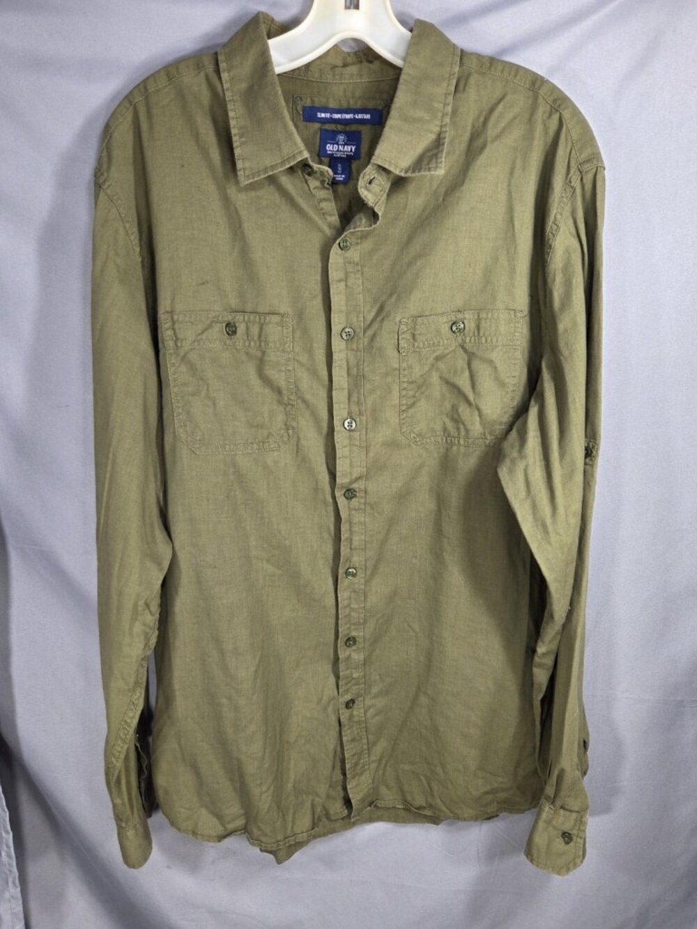 Old Navy Slim Fit Olive Green Button Down Tab Sleeve Top Size XLarge